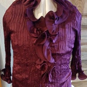 Purple Crinkle LS Ruffle Button Down Blouse